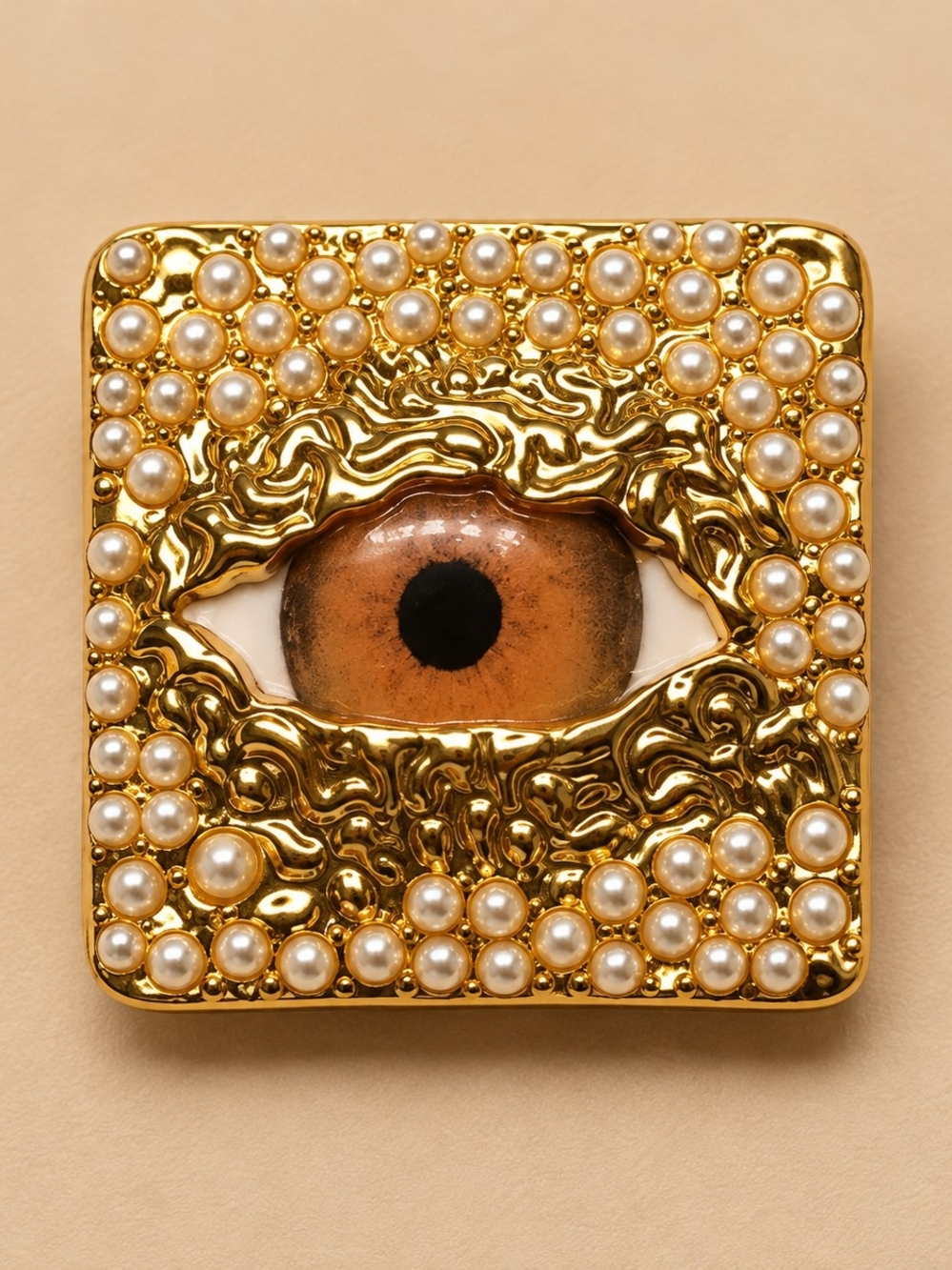 Gold Pearl Encrusted Eye Brooch